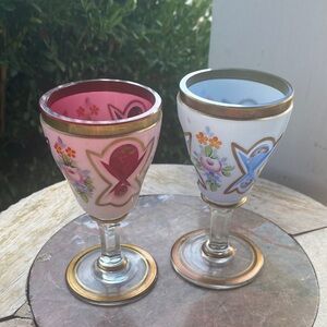 ❤️💙 Czech Bohemian Hand Enameled Floral White Cased Cut to Cranberry Glass -🌺🌸